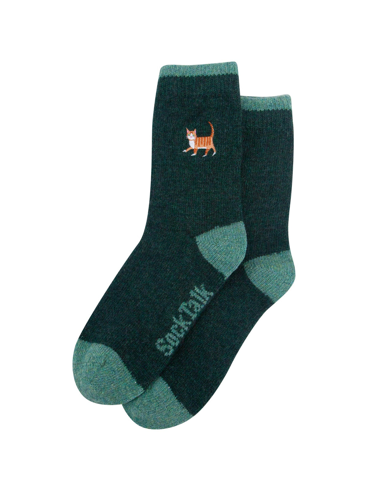 Ginger-Cat-Embroidered-Wool-Socks-in-Forest-Green-Laid-Flat