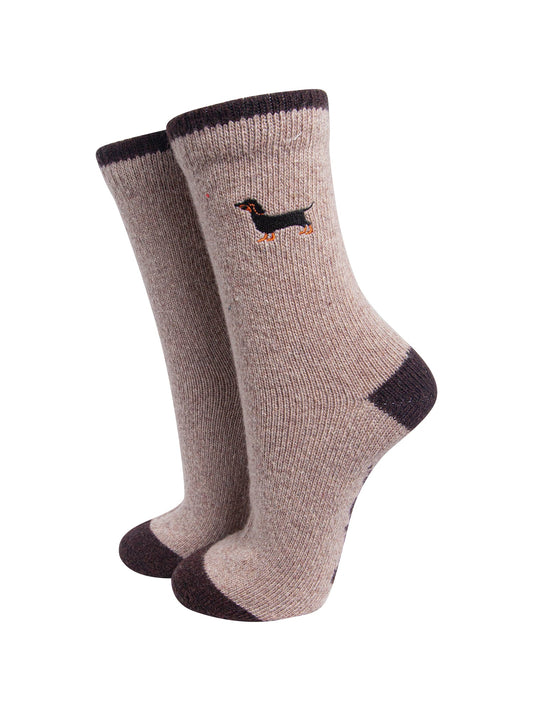 Sausage-Dog-Embroidered-Wool-Socks-in-Beige-On-Mannequin