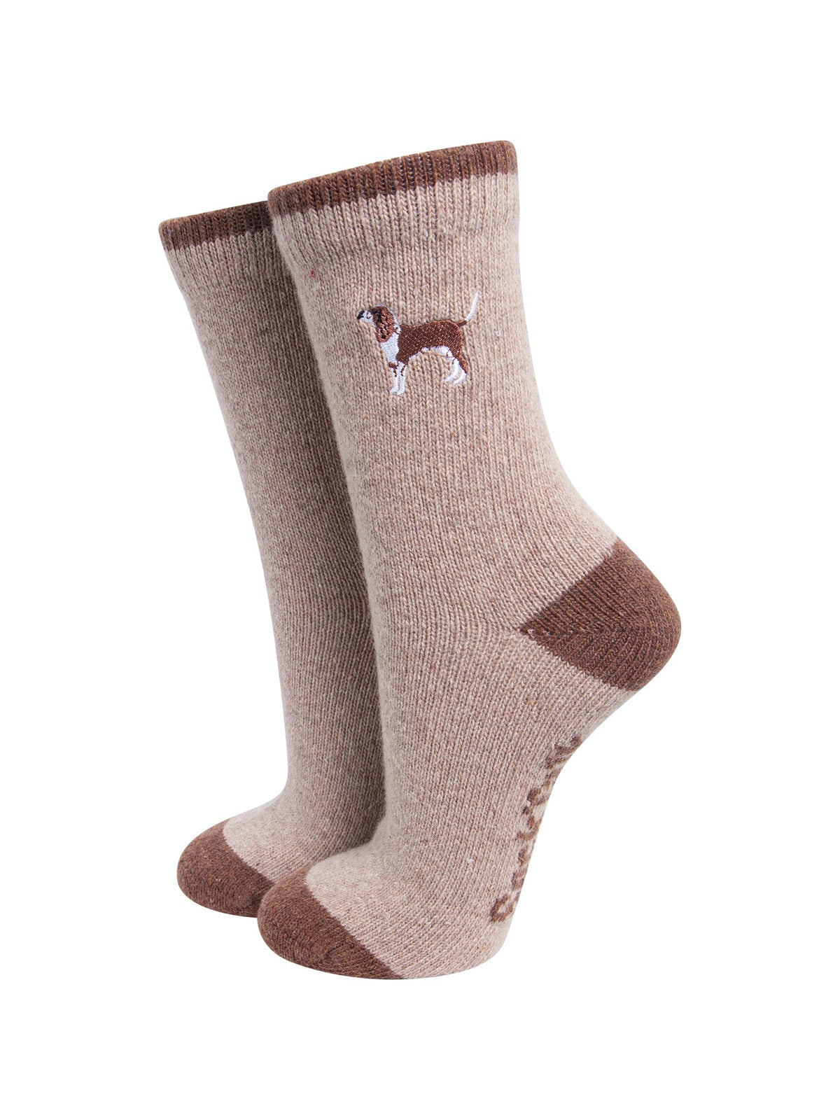 Spaniel-Embroidered-Wool-Socks-in-Beige-On-Mannequin