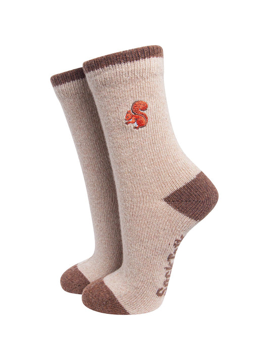 Squirrel-Embroidered-Wool-Socks-in-Oatmeal-On-Mannequin
