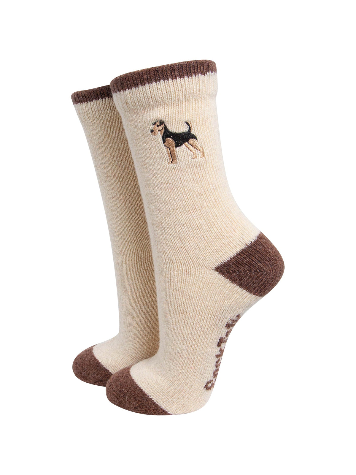 Airedale-Terrier-Embroidered-Wool-Socks-in-Cream-On-Mannequin