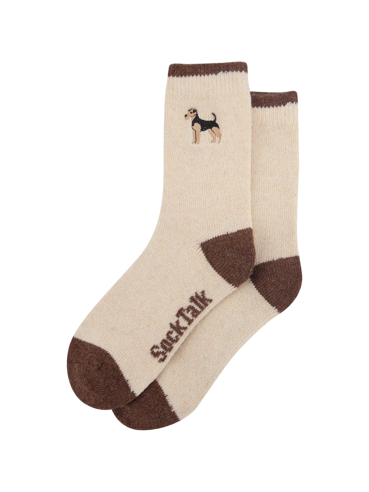 Airedale-Terrier-Embroidered-Wool-Socks-in-Cream-Laid-Flat