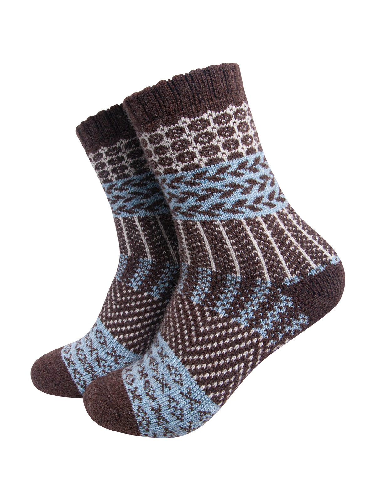 Block-Patterned-Wool-Socks-in-Brown/Sky-Blue-On-Mannequin