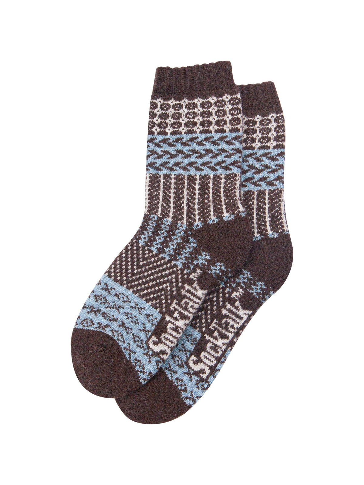 Block-Patterned-Wool-Socks-in-Brown/Sky-Blue-Laid-Flat