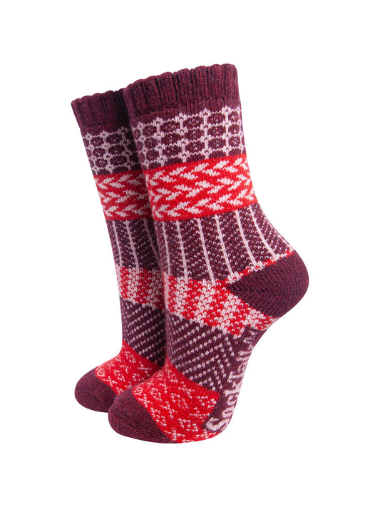 Block-Patterned-Wool-Socks-in-Burgundy/Red-On-Mannequin