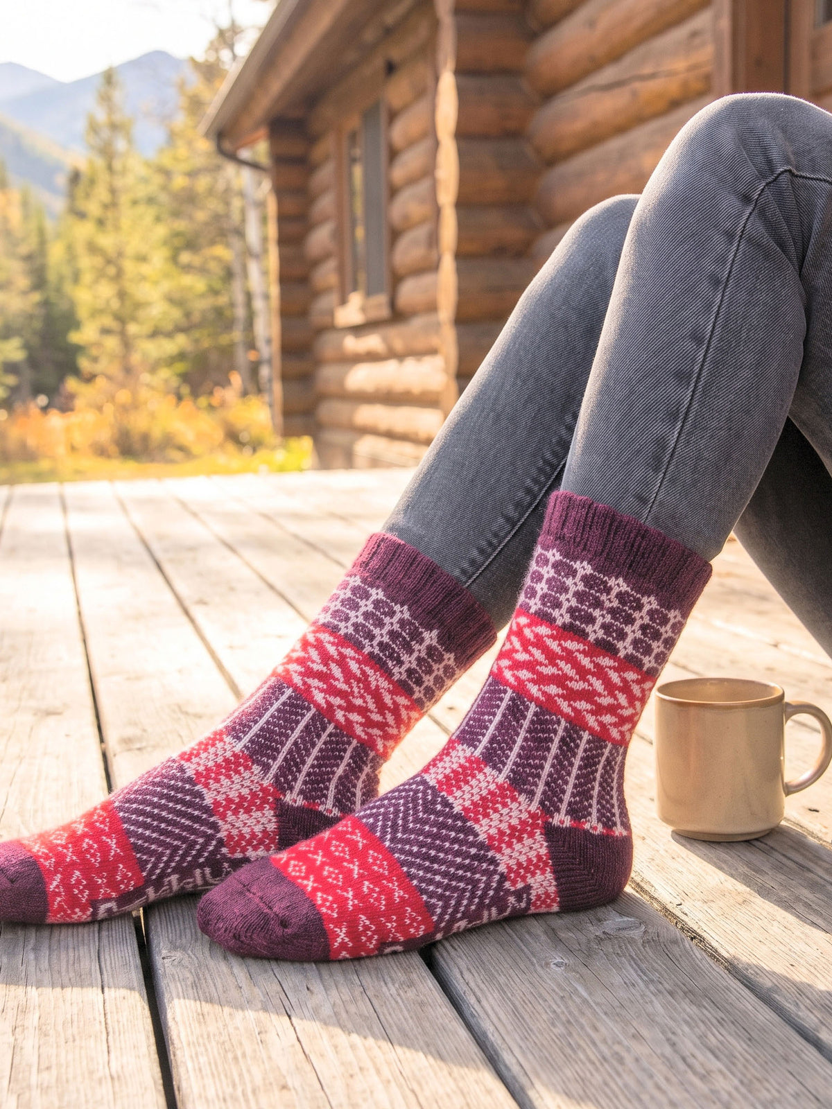 Block Patterned 50% Wool Socks in Burgundy/Red