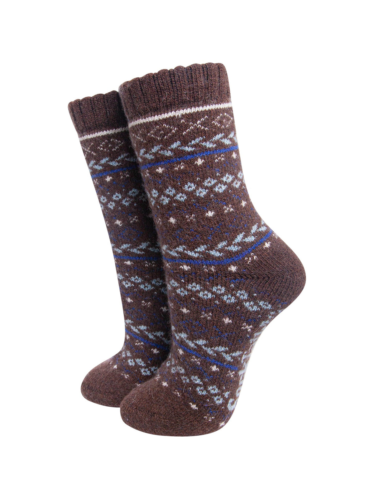 Fair-Isle-Patterned-Wool-Socks-in-Brown-On-Mannequin