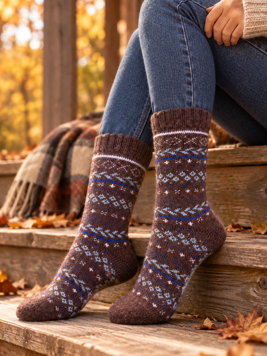 Fair-Isle-Patterned-Wool-Socks-in-Brown