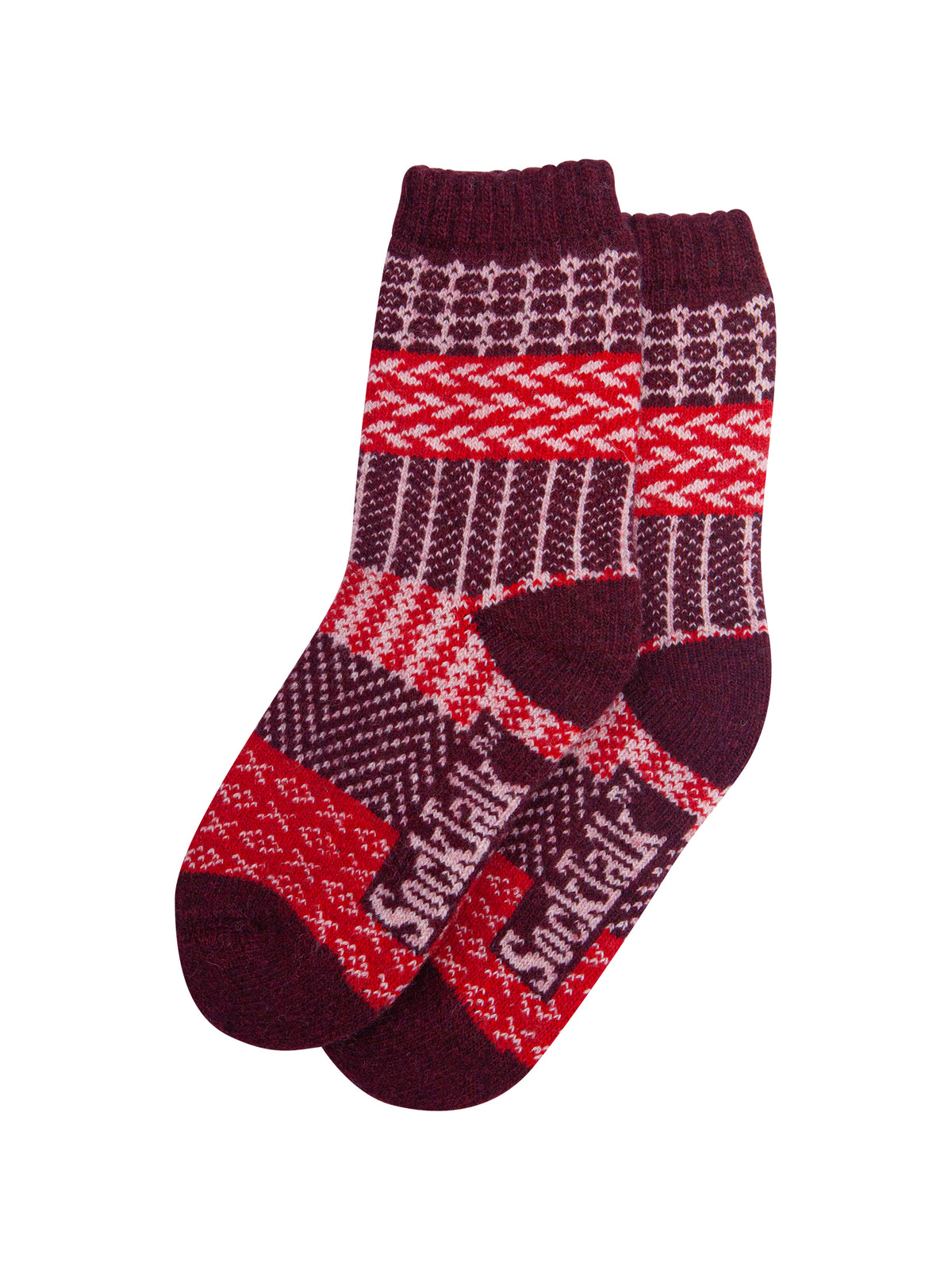 Fair Isle Patterned Wool Socks in Burgundy
