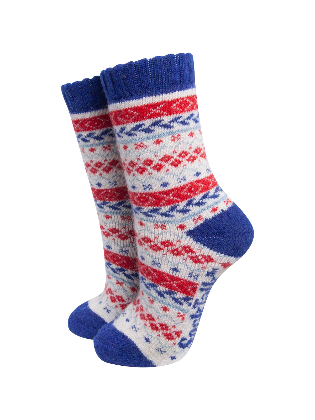 Fair-Isle-Patterned-Wool-Socks-in-Cream/Blue/Red-On-Mannequin