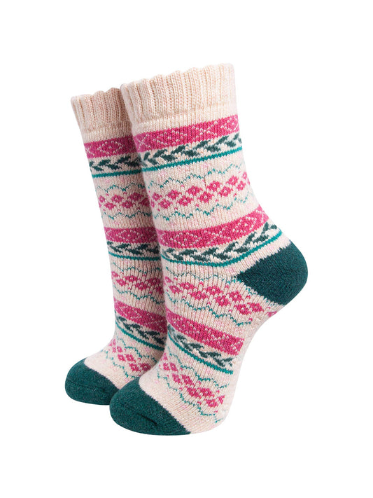 Fair-Isle-Patterned-Wool-Socks-in-Raspberry/Green-On-Mannequin