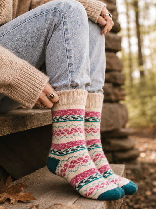 Fair-Isle-Patterned-Wool-Socks-in-Raspberry/Green