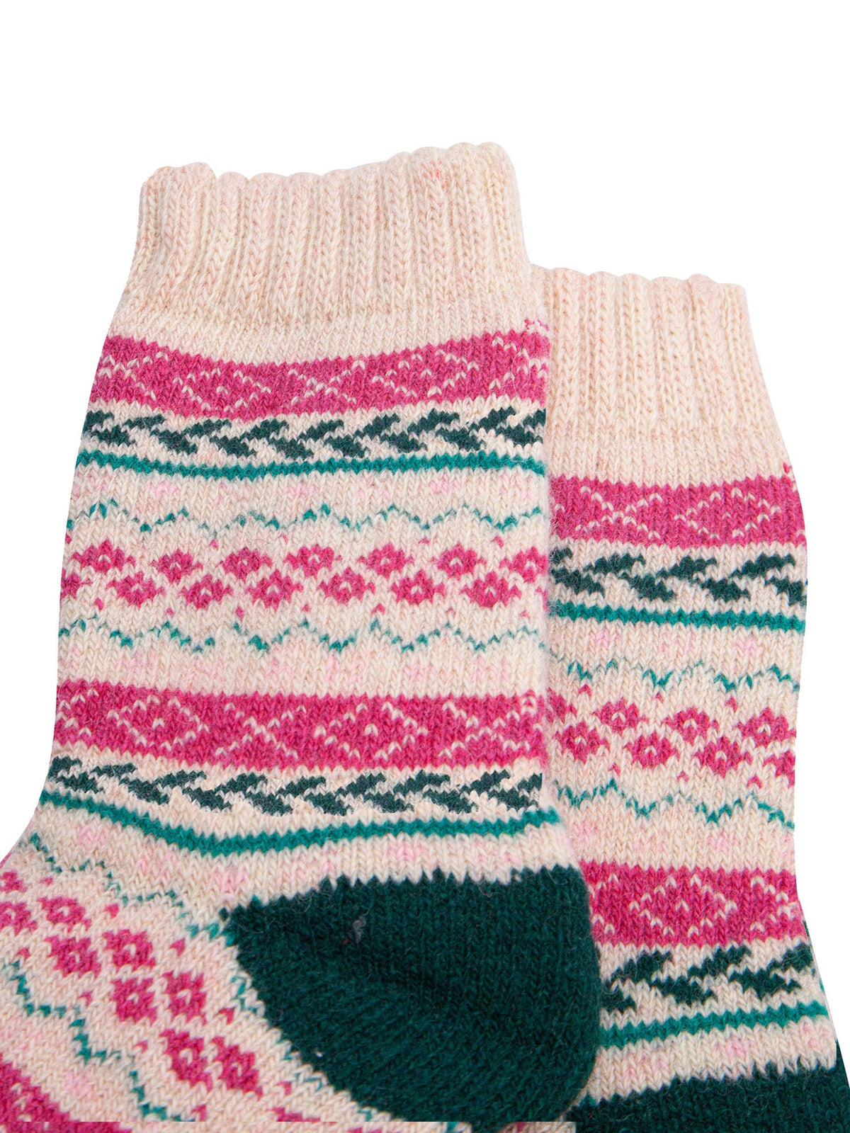 Fair-Isle-Patterned-Wool-Socks-in-Raspberry/Green-Close-Up