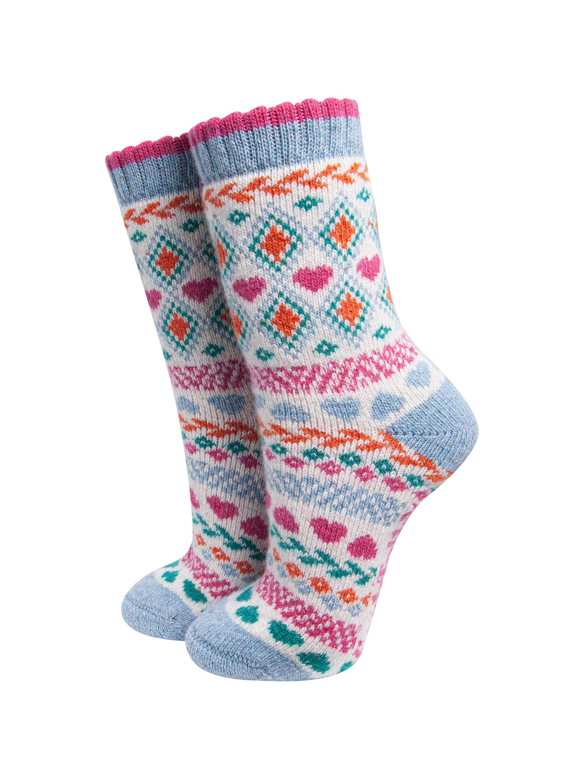 Scandi-Heart-Patterned-Wool-Socks-in-Red/Cream-On-Mannequin