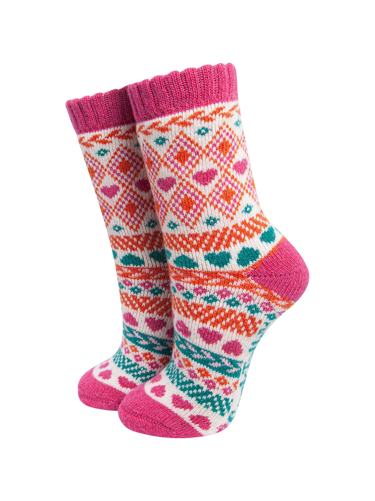 Heart-Fair-Isle-Patterned-Wool-Socks-in-Raspberry-On-Mannequin