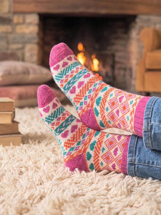 Heart-Fair-Isle-Patterned-Wool-Socks-in-Raspberry