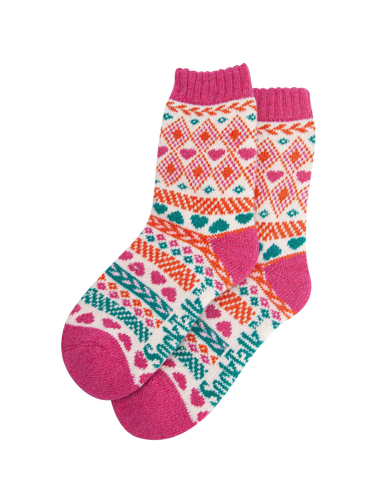 Heart-Fair-Isle-Patterned-Wool-Socks-in-Raspberry-Laid-Flat