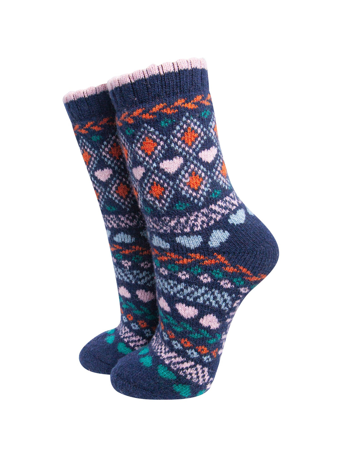 Heart-Fair-Isle-Patterned-Wool-Socks-in-Navy-Blue/Multi-On-Mannequin