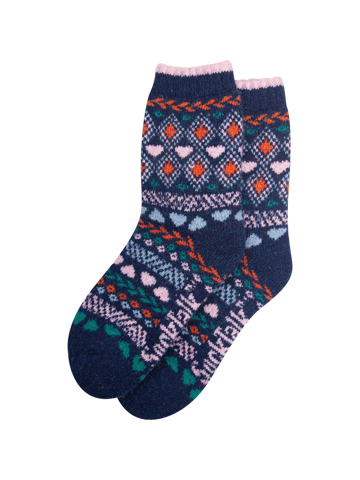 Heart-Fair-Isle-Patterned-Wool-Socks-in-Navy-Blue/Multi-Laid-Flat