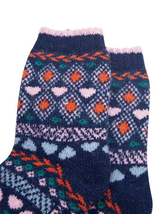 Heart-Fair-Isle-Patterned-Wool-Socks-in-Navy-Blue/Multi-Close-Up