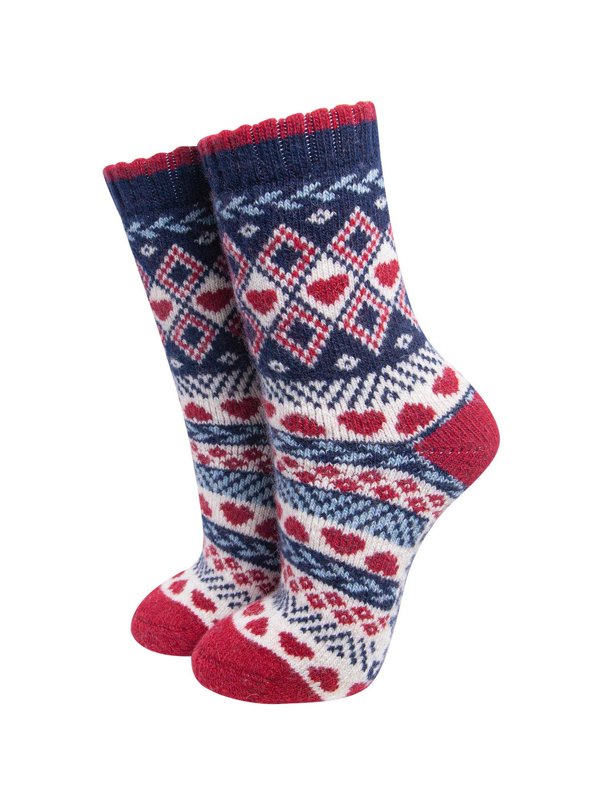 Heart-Fair-Isle-Patterned-Wool-Socks-in-Navy-Blue/Red-On-Mannequin