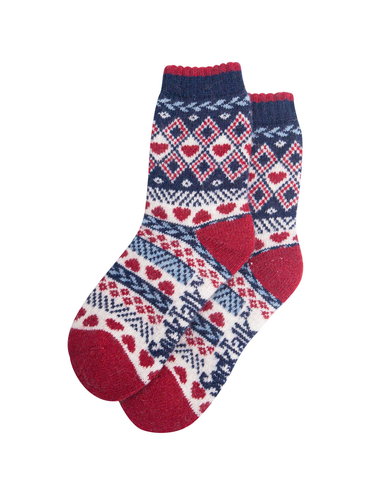 Heart-Fair-Isle-Patterned-Wool-Socks-in-Navy-Blue/Red-Laid-Flat