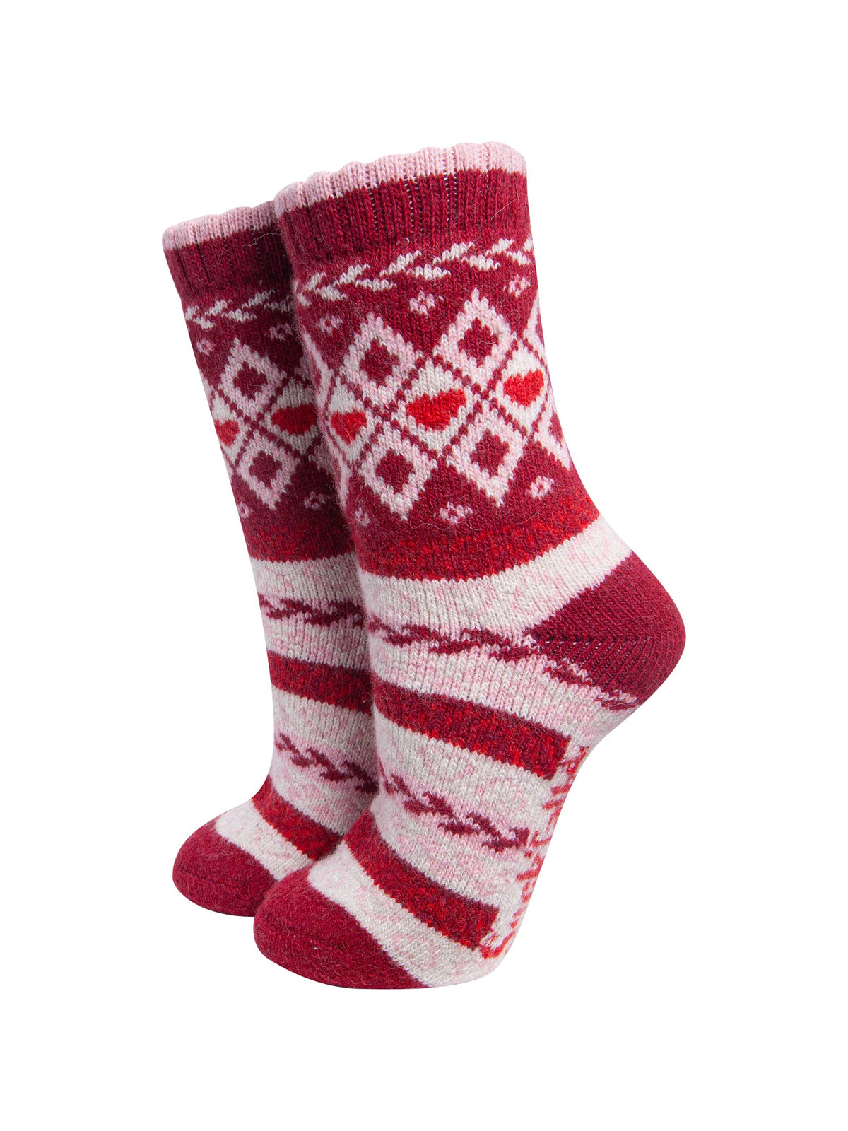 Heart-Fair-Isle-Patterned-Wool-Socks-in-Red/Burgundy-On-Mannequin