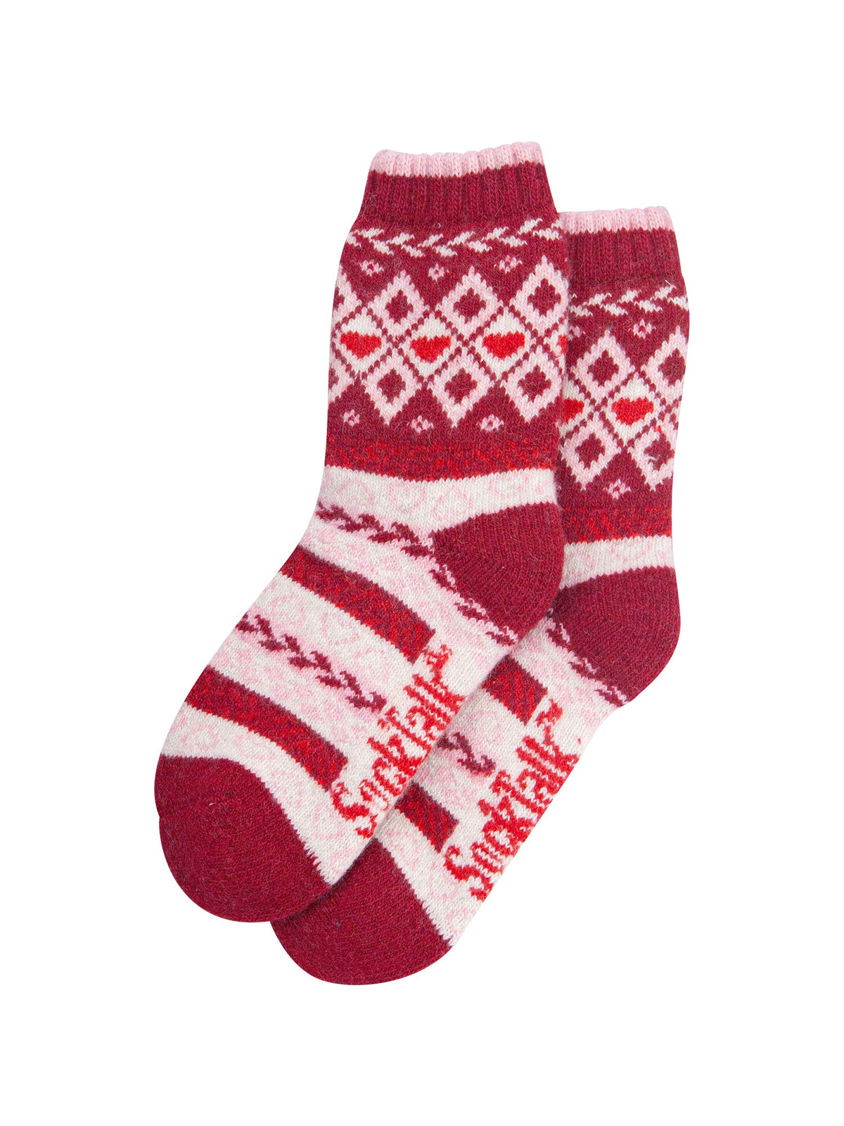 Heart-Fair-Isle-Patterned-Wool-Socks-in-Red/Burgundy-Laid-Flat