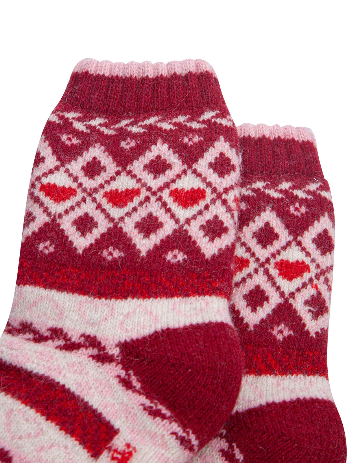 Heart-Fair-Isle-Patterned-Wool-Socks-in-Red/Burgundy-Close-Up