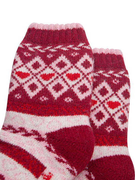 Heart-Fair-Isle-Patterned-Wool-Socks-in-Red/Burgundy-Close-Up