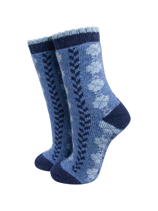 Flower-Patterned-Wool-Socks-in-Denim-Blue-On-Mannequin