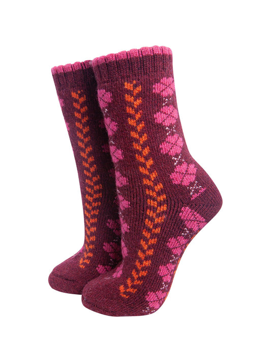 Flower-Patterned-Wool-Socks-in-Burgundy/Orange-On-Mannequin