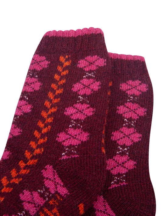 Flower-Patterned-Wool-Socks-in-Burgundy/Orange-Close-Up