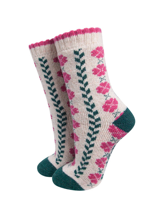 Flower-Patterned-Wool-Socks-in-Raspberry/Green-On-Mannequin