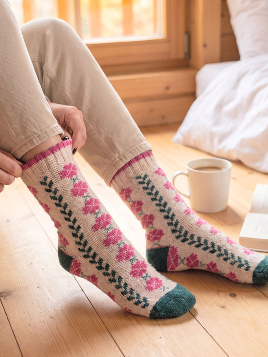 Flower-Patterned-Wool-Socks-in-Raspberry/Green