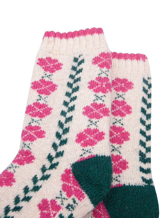 Flower-Patterned-Wool-Socks-in-Raspberry/Green-Close-Up