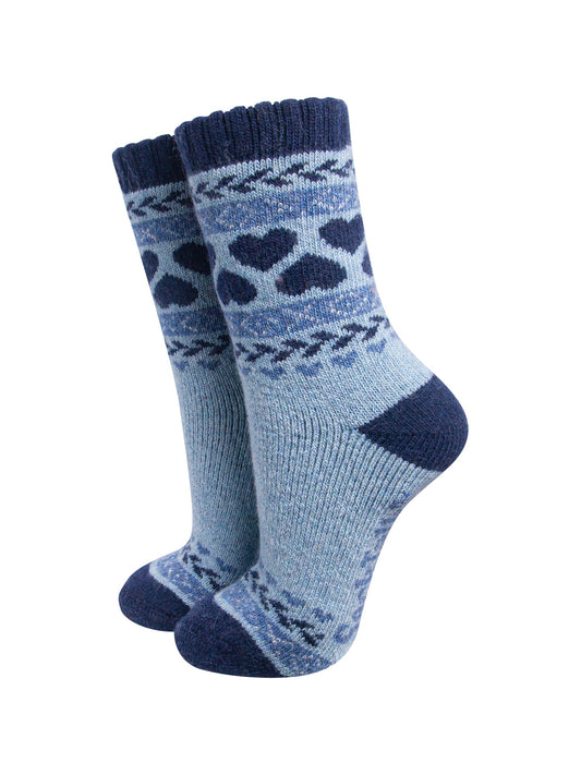 Heart-Patterned-Wool-Socks-in-Sky-Blue/Navy-Blue-On-Mannequin