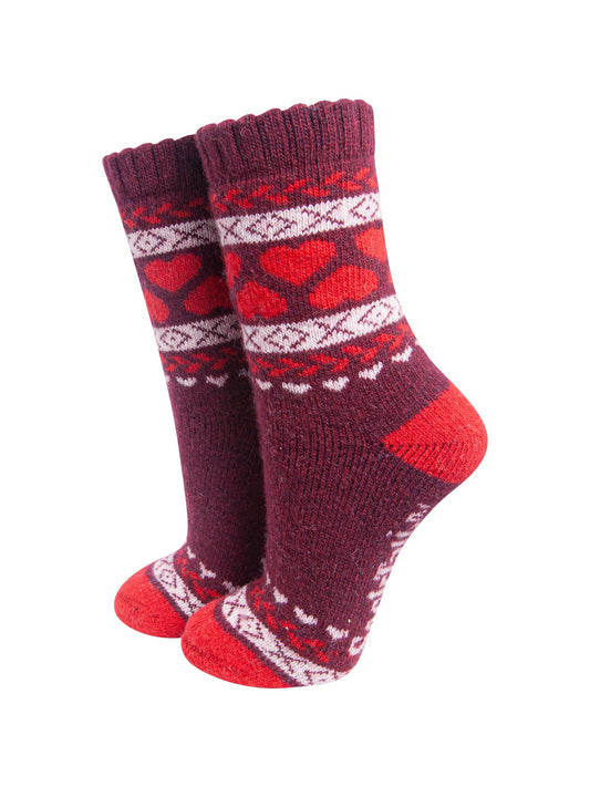 Heart-Patterned-Wool-Socks-in-Burgundy/Red-On-Mannequin