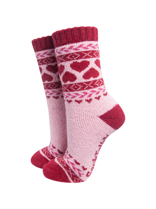 Heart-Patterned-Wool-Socks-in-Soft-Pink/Red-On-Mannequin