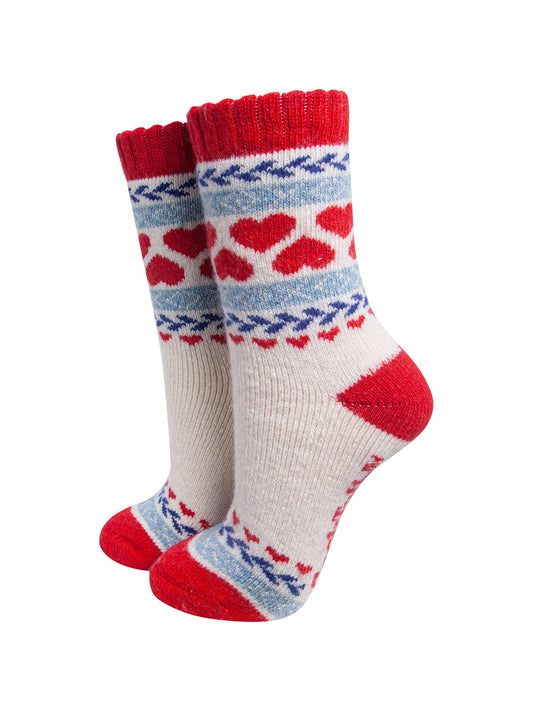 Heart-Patterned-Wool-Socks-in-Red/Sky-Blue-On-Mannequin