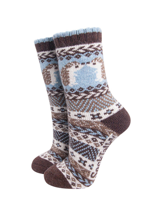 Hedgehog-Patterned-Wool-Socks-in-Brown/Sky-Blue-On-Mannequin