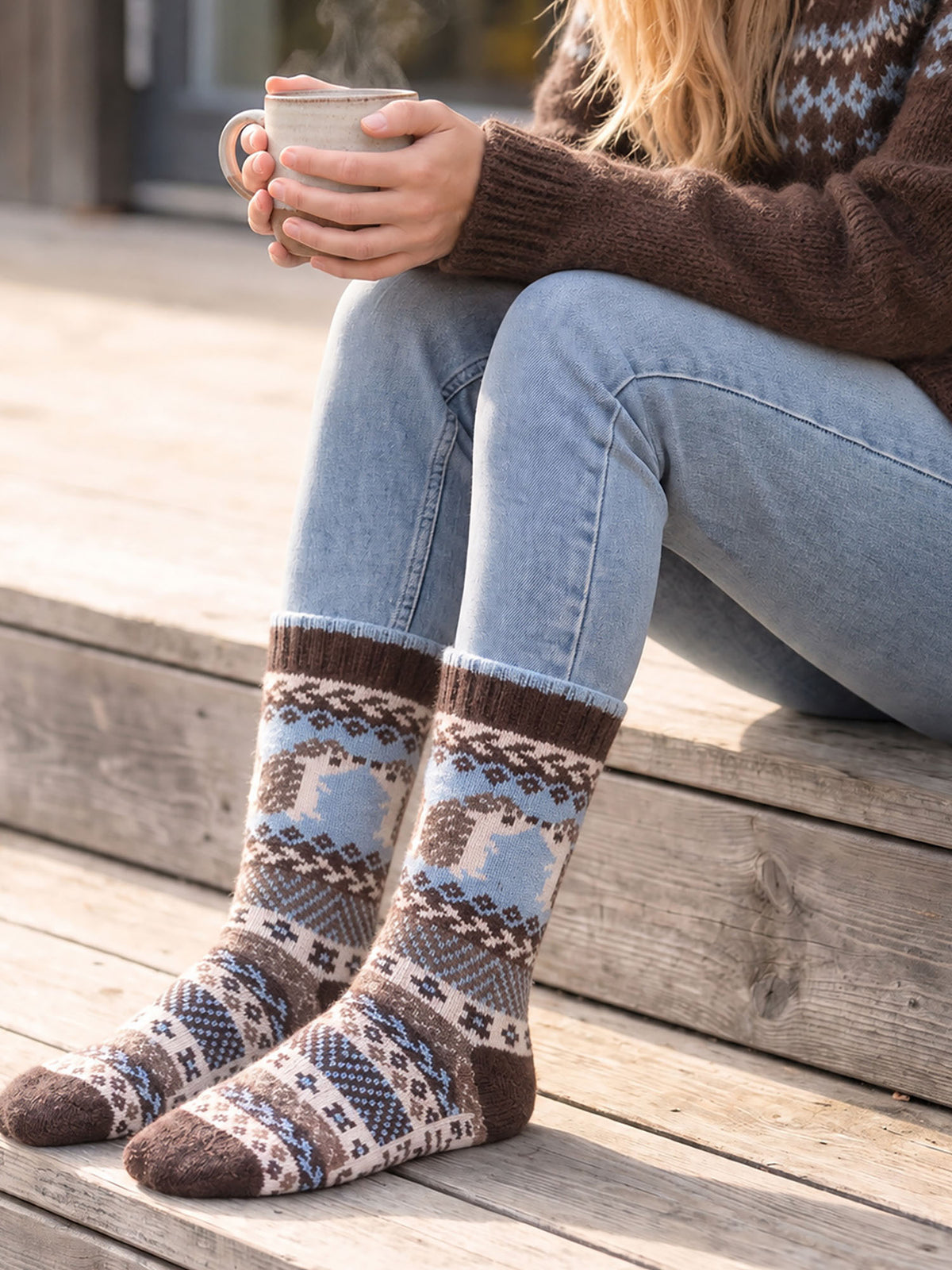 Hedgehog-Patterned-Wool-Socks-in-Brown/Sky-Blue