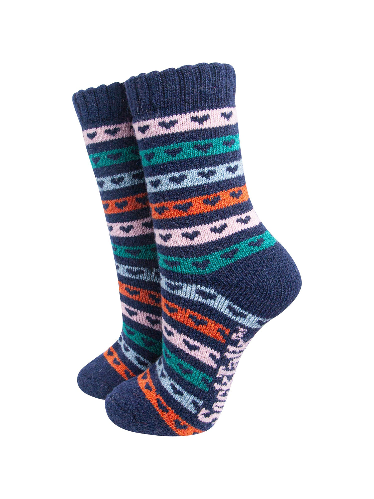Heart-Stripe-Patterned-Wool-Socks-in-Navy-Blue/Multi-On-Mannequin