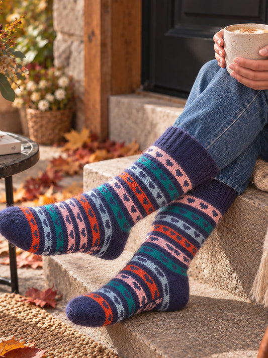 Heart-Stripe-Patterned-Wool-Socks-in-Navy-Blue/Multi