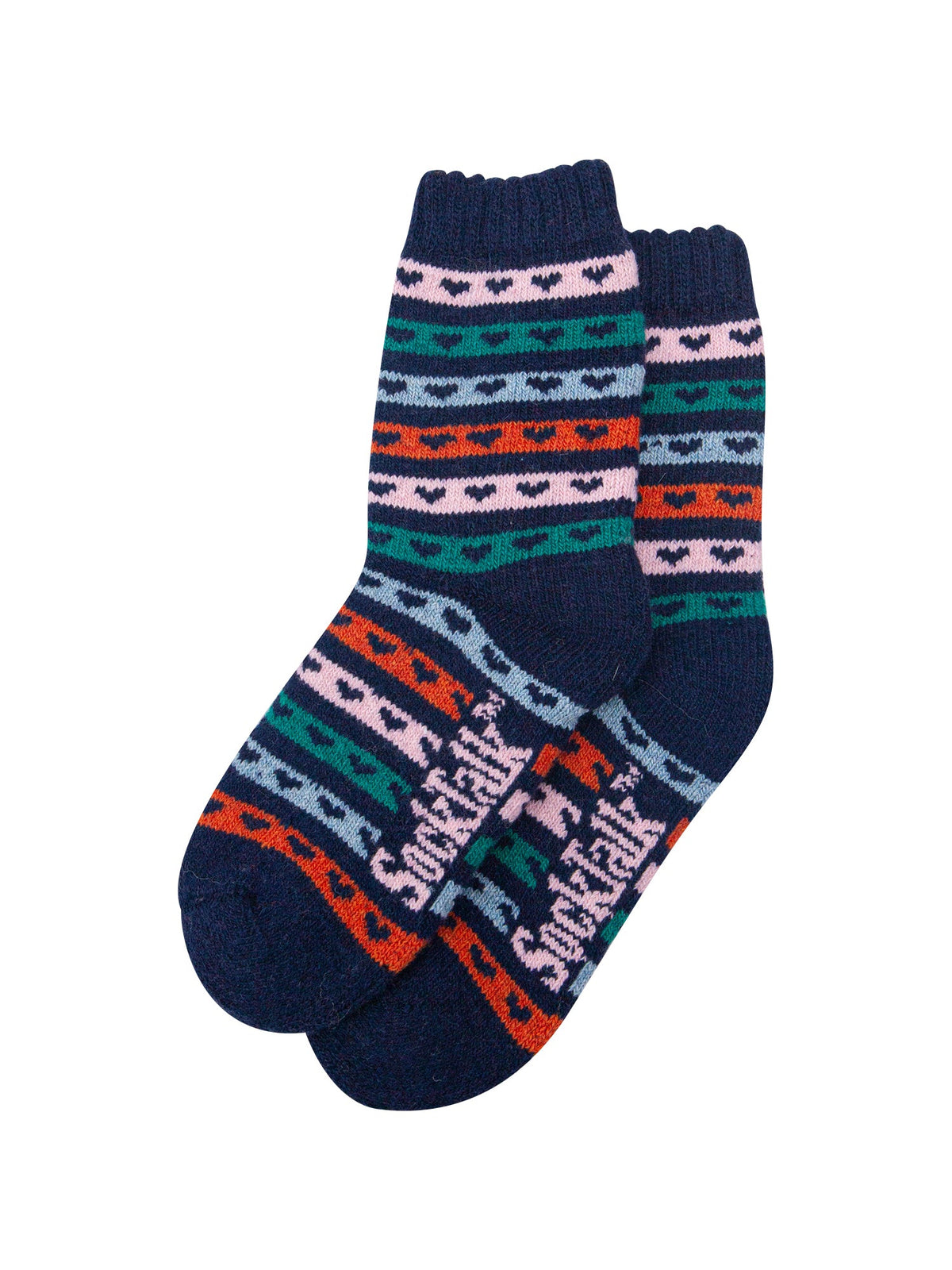 Heart-Stripe-Patterned-Wool-Socks-in-Navy-Blue/Multi-Laid-Flat