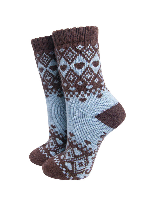 Scandi-Heart-Patterned-Wool-Socks-in-Sky-Blue/Brown-On-Mannequin