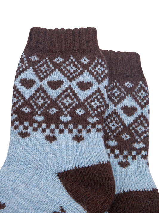 Scandi-Heart-Patterned-Wool-Socks-in-Sky-Blue/Brown-Close-Up