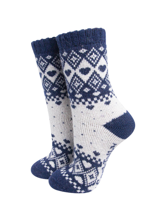 Scandi Heart Patterned Wool Socks in Cream/Navy Blue-On-Mannequin