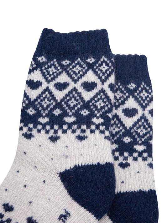Scandi Heart Patterned Wool Socks in Cream/Navy Blue-Close-Up