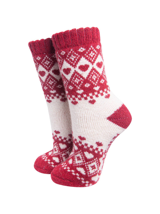 Scandi-Heart-Patterned-Wool-Socks-in-Red/Cream-On-Mannequin